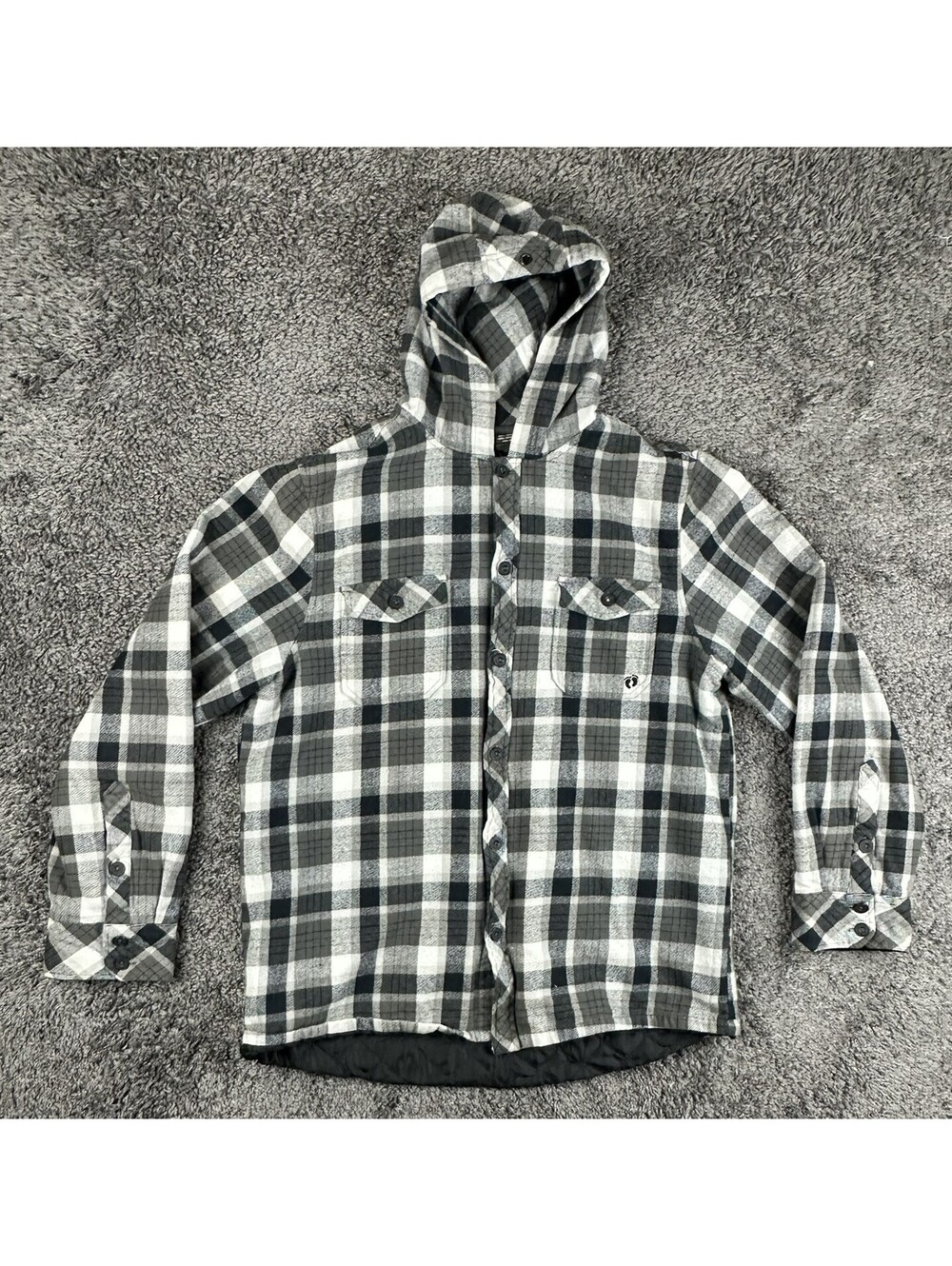 Hang Ten Mens Large L Black Gray Plaid Flannel Hooded Quilted Lined Jacket
